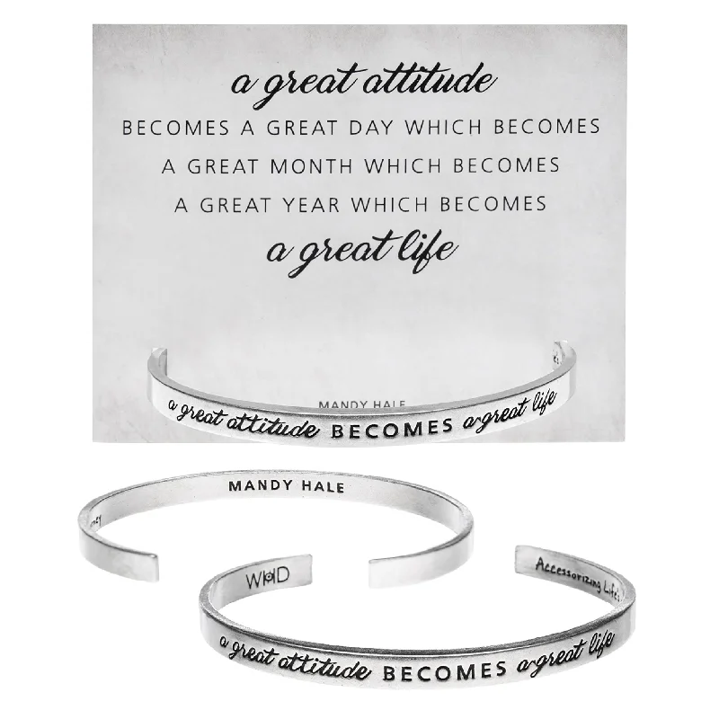 Custom silver charm bracelets with gemstones for layering-A Great Attitude Becomes a Great Life Quotable Cuff Bracelet