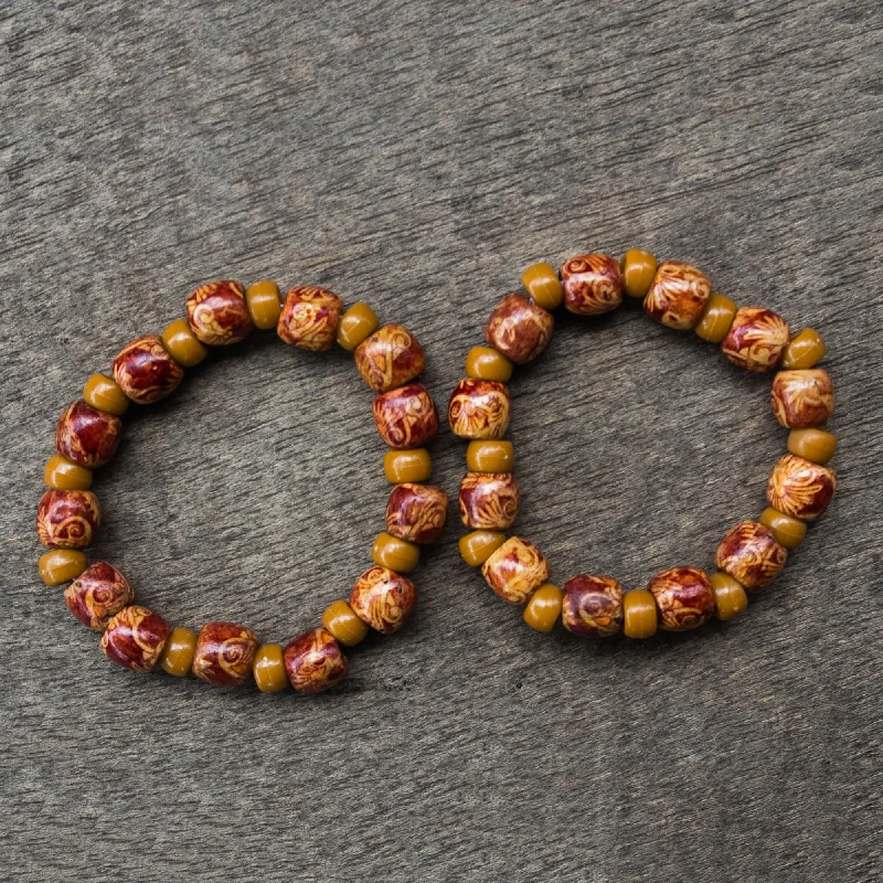 Trendy beaded bracelets with charms for women-African Grace 2 Red and Brown Floral Beaded Wood Stretch Bracelets