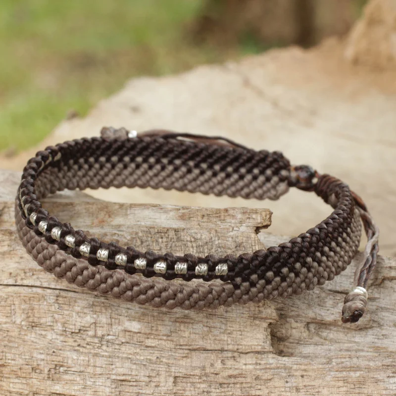 High-quality custom leather charm bracelets for stacking-Amity in Brown and Taupe Hand-Knotted Cord Bracelet with 950 Silver Accents