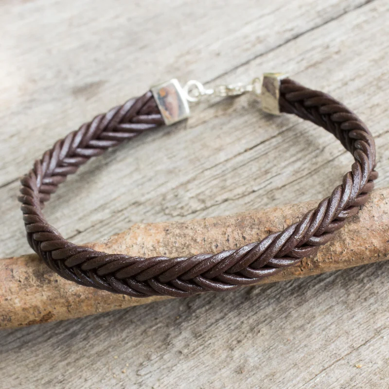 Personalized friendship bangles with initials-Assertive in Brown Thai Brown Leather Braided Bracelet with Silver Clasp