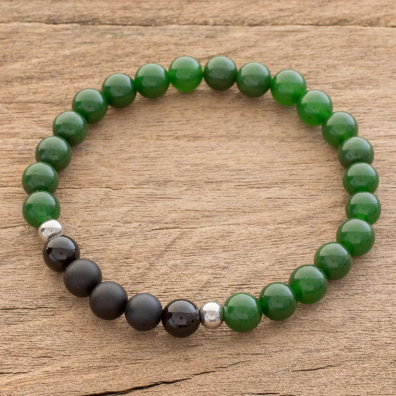 Adjustable leather bracelets with custom stones-Awake Men's Jade and Agate Beaded Stretch Bracelet from Costa Rica