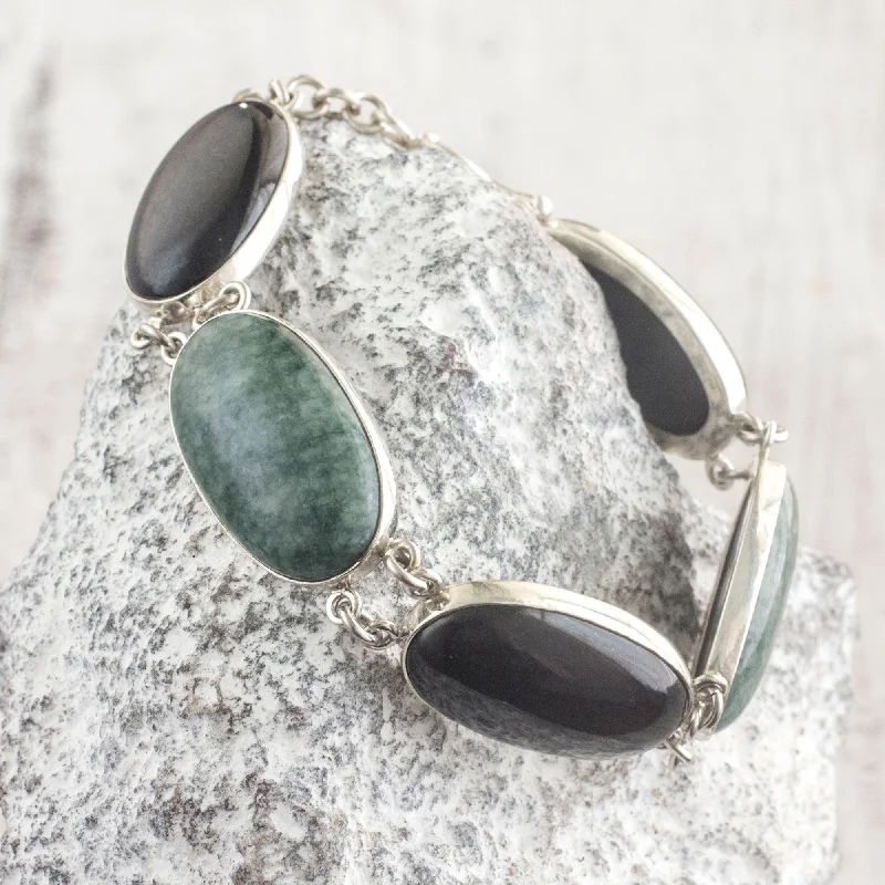 Trendy silver bangles with gemstones for stacking-Black and Green Tonalities Black and Forest Green Jade and Silver Bracelet