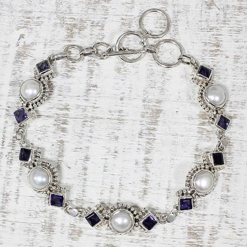 Simple silver bangle bracelets for casual wear-Blue Palace Iolite and Cultured Pearl Link Bracelet from India