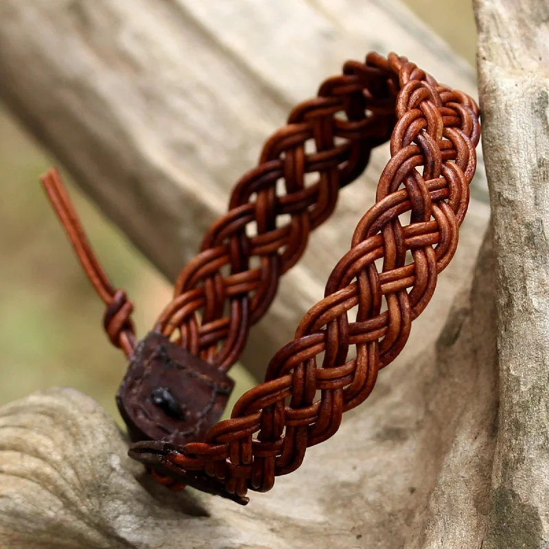 High-end gemstone charm bracelets for gifts-Braided Paths in Brown Brown Leather Braided Bracelet from Thailand