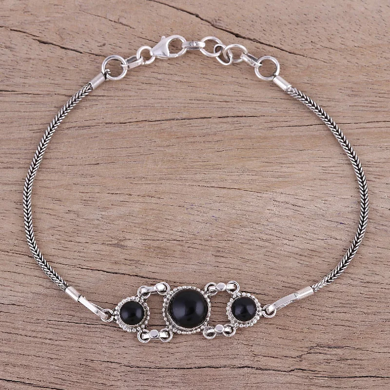 High-quality custom gemstone bracelets for stacking-Bridge to Delhi Onyx Pendant Bracelet with Sterling Silver Foxtail Chain