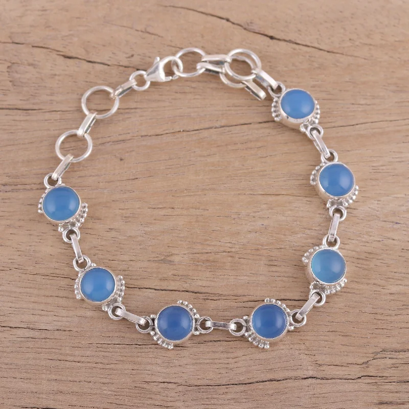 Stylish gemstone charm bracelets for stacking-Charming Orbs Chalcedony and Sterling Silver Link Bracelet from India