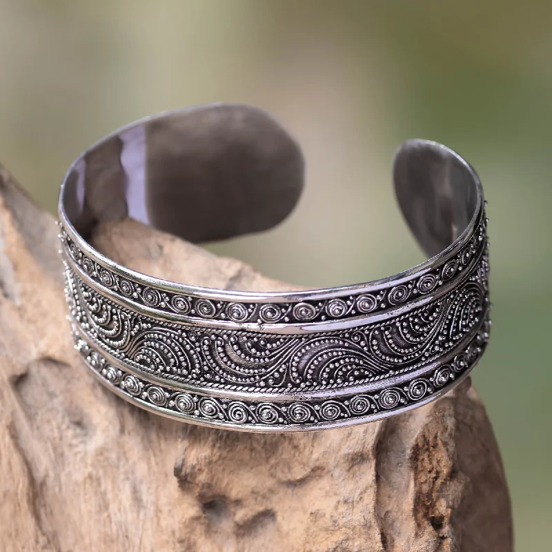 Adjustable leather wrap bracelets for energy healing-Dancing Waves Fair Trade Sterling Silver Cuff Bracelet Crafted by Hand