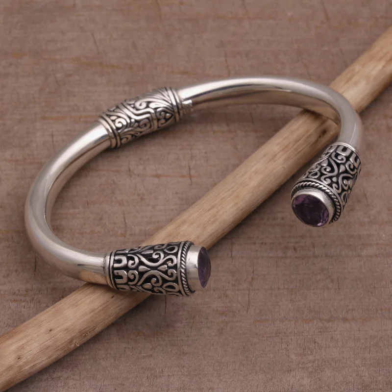 Handmade silver charm bracelets for stacking-Daylight Altar Sterling Silver and Amethyst Cuff Bracelet from Bali