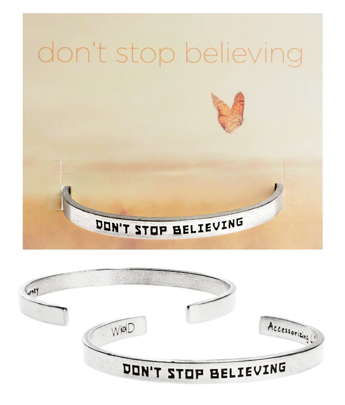 High-end gold charm bracelets for special events-Don't Stop Believing Quotable Cuff Bracelet