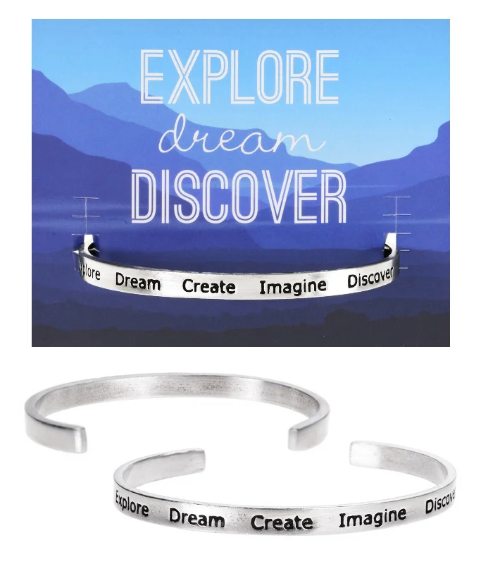 Unique silver charm bracelets for stacking-Explore-Dream-Create Imagine Discover Quotable Cuff Bracelet