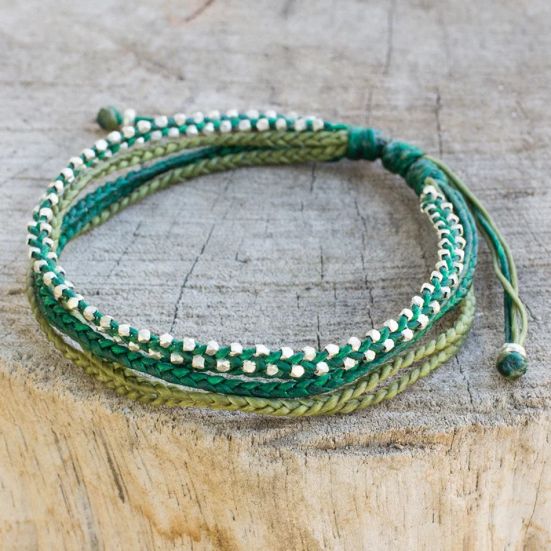 Custom tennis bracelets for women with gemstones-Fresh Green Hand Crafted Cord Wristband Bracelet with Silver Beads