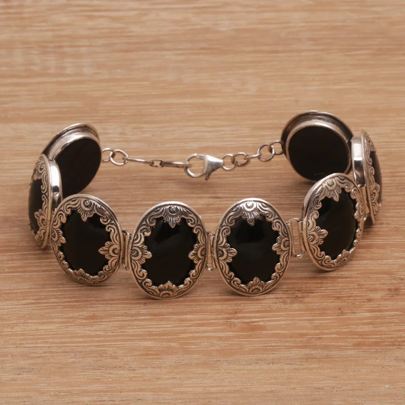 Elegant silver cuff bracelets for layering-Garden Shrine Link Bracelet with Sterling Silver and Black Onyx