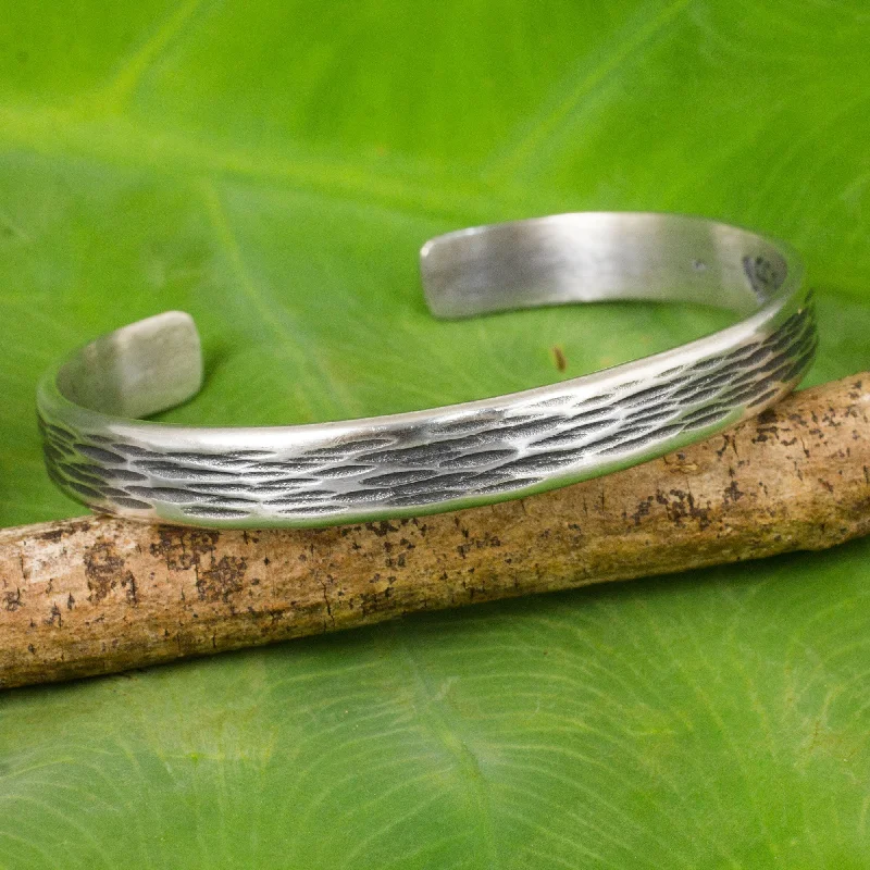 Custom-made friendship bracelets for teens-Gentle Winds Handcrafted Thai Textured Sterling Silver Cuff Bracelet