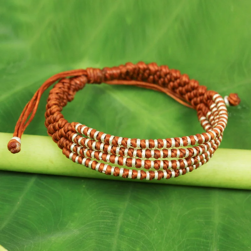 Trendy gemstone wrap bracelets for casual wear-Ginger Chiang Mai Quartet Ginger-Orange Macrame Bracelet with Hill Tribe Silver Beads