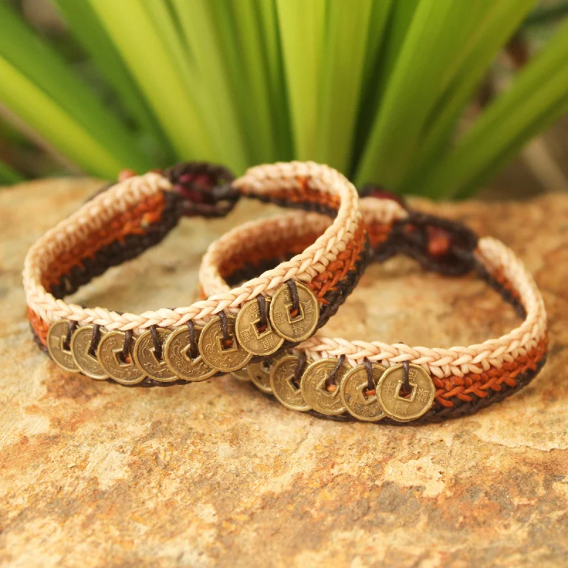 Elegant silver wire bracelets for layering-Ginger Coins Handcrafted Beaded Brass Coin Bracelets (Pair)