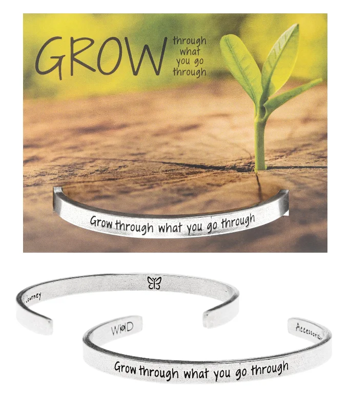 Simple personalized leather charm bracelets for stacking-Grow through what you go through Quotable Cuff Bracelet