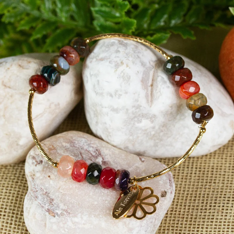 Trendy leather wristbands with gemstones for men-Happy Sunflower Artisan Crafted Gold Plated Bracelet with Agates