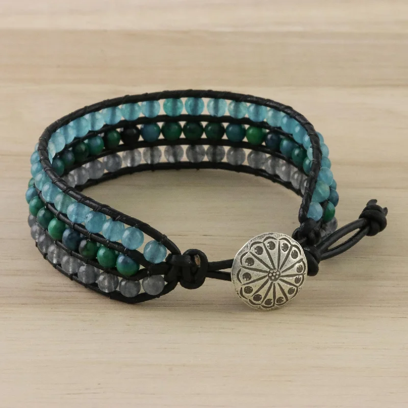 Adjustable wire bracelets for layering-Horizon at Sea Quartz Serpentine and Karen Silver Button Wristband Bracelet