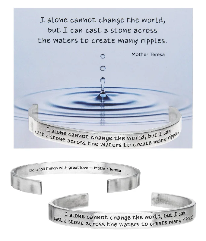 Personalized leather wrap bracelets with beads-I Alone Cannot Change the World Quotable Cuff Bracelet - Mother Teresa