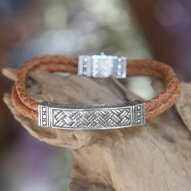 Handmade beaded bracelets with gemstones-Jakarta Man Men's Sterling Silver and Leather Wristband Bracelet