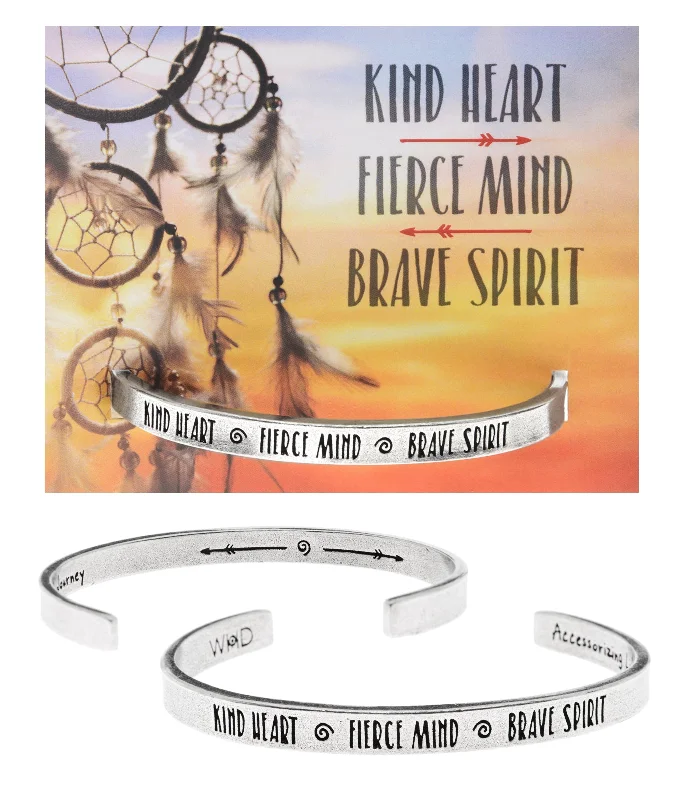 Personalized stackable silver bracelets for women-Kind Heart, Fierce Mind, Brave Spirit Quotable Cuff Bracelet