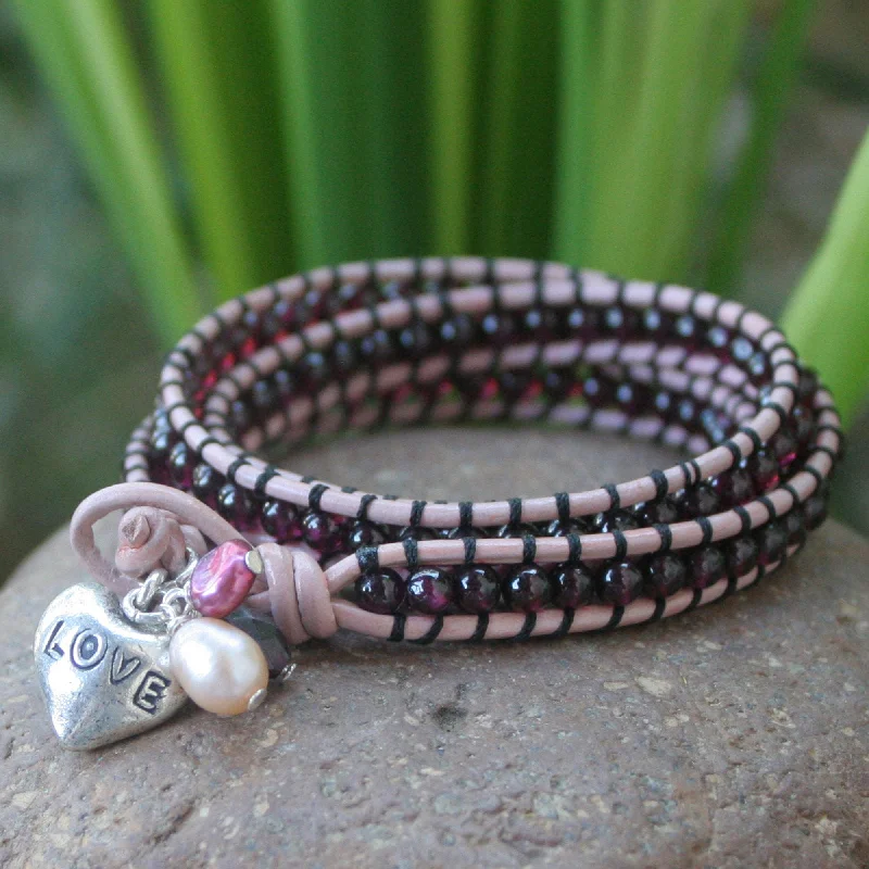 Custom gemstone bracelets for wedding gifts-Love Glows Beaded Garnet and Pearl Wrap Bracelet