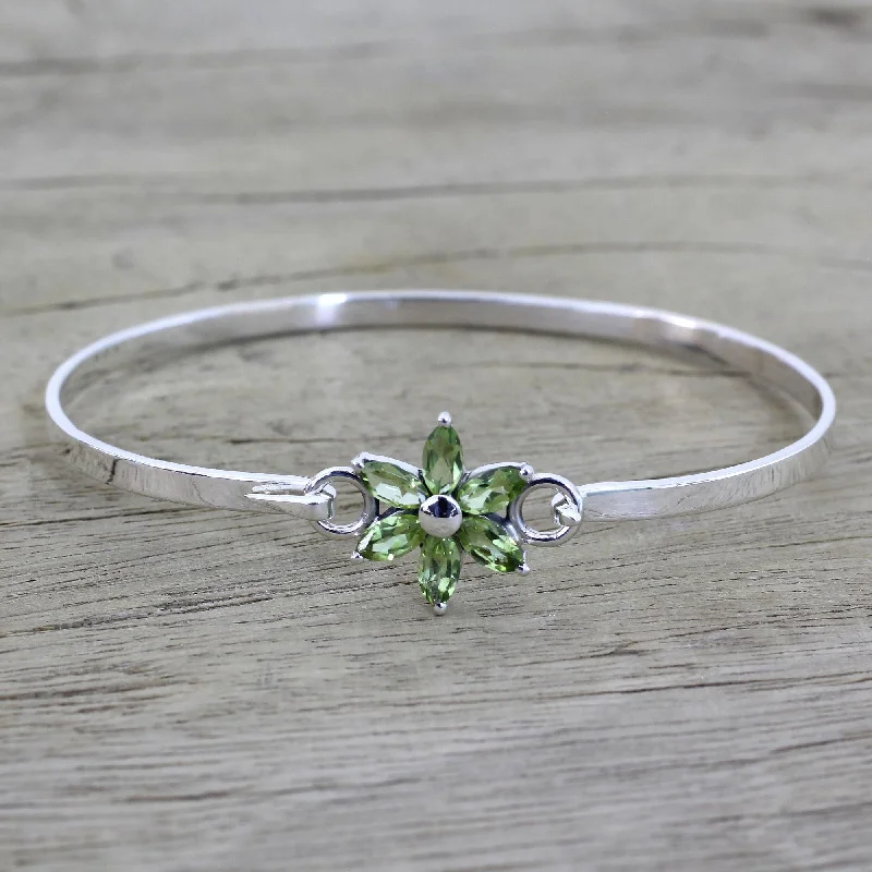 Simple gemstone bangle bracelets for stacking-Marquise Flower Peridot and Sterling Silver Floral Bracelet from India