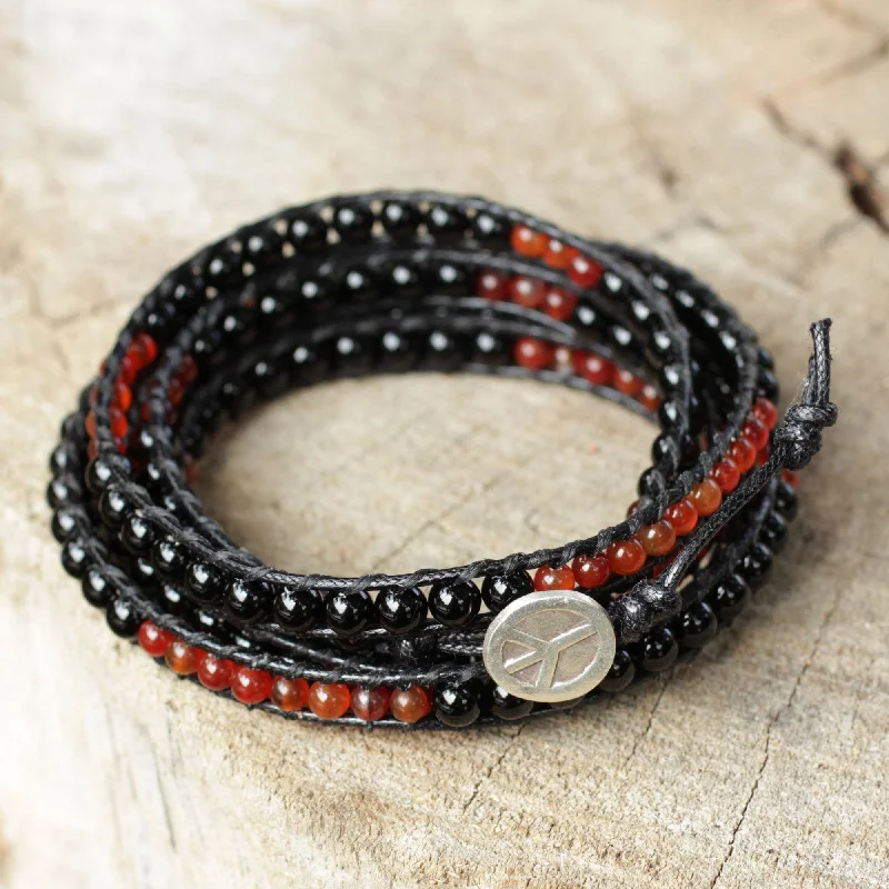 Adjustable gemstone charm bracelets for energy-Mekong Midnight Fair Trade Onyx and Carnelian Wrap Bracelet