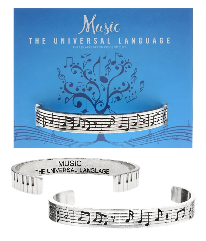 High-end silver bangles for special events-Music Notes (Inside - Music The Universal Language) Cuff Bracelet