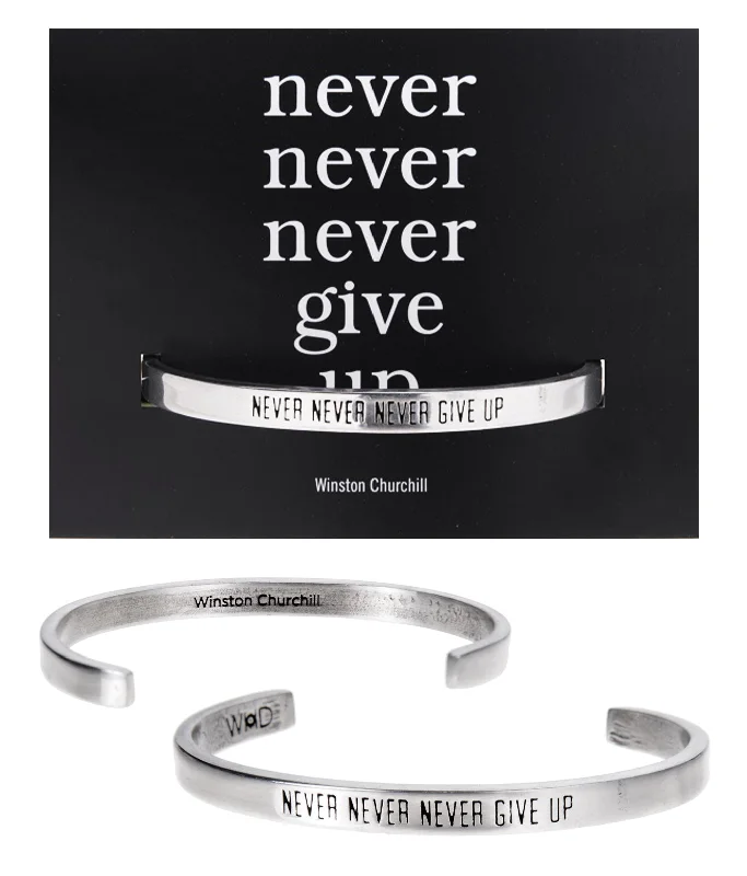 Simple personalized silver bracelet sets for men-Never Never Never Give Up Winston Churchill Quotable Cuff Bracelet