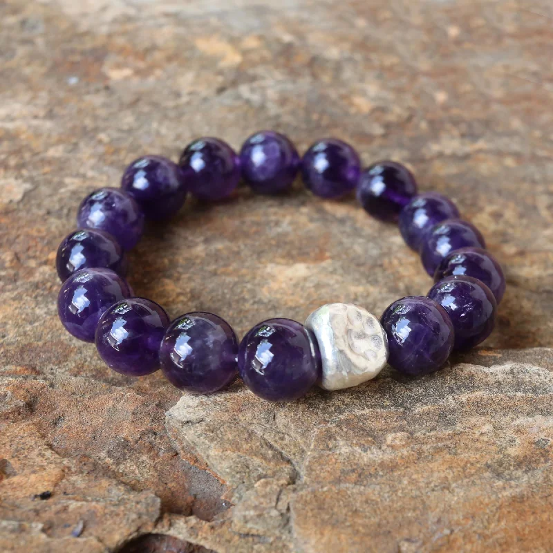 Handcrafted silver charm bracelets for everyday use-Nonconformist Beaded Amethyst and Karen Silver Bracelet from Thailand