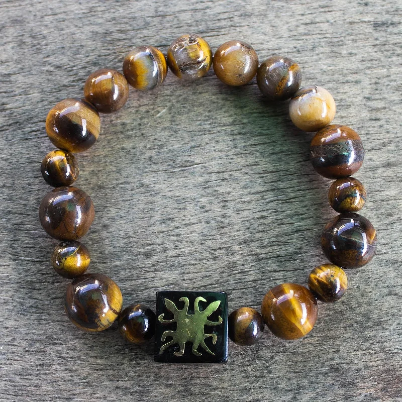 Personalized leather wrap bracelets with initials-One Destiny Tiger's Eye African Adinkra Unity Bracelet from Ghana