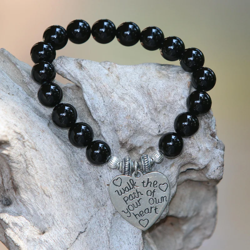 Custom-designed gemstone wrap bracelets for men-Path of Love Onyx and 925 Silver Beaded Heart Stretch Bracelet from Bali