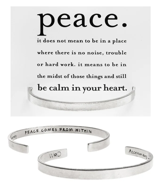 Simple handmade silver bracelets for men-Peace Comes From Within Buddha Quotable Cuff Bracelet