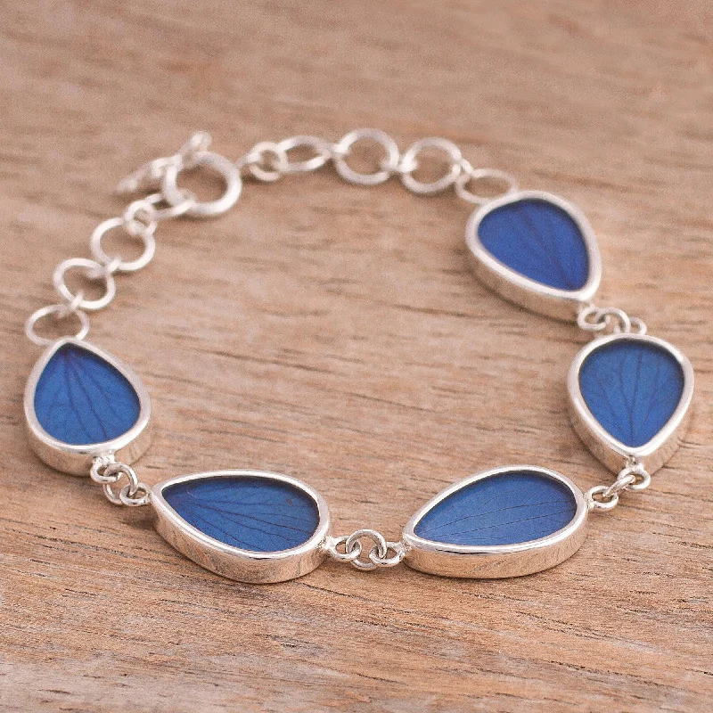 Simple personalized charm bracelets with gemstones-Petal Rain in Blue Blue Hydrangea Leaf Sterling Silver Teardrop Link Bracelet