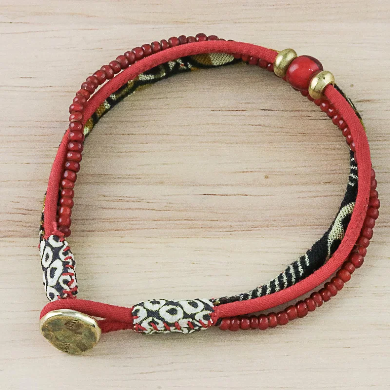 Simple beaded leather bracelets for stacking-Raging Red Cotton and Glass Beaded Eclectic Boho Fabric Bracelet in Red