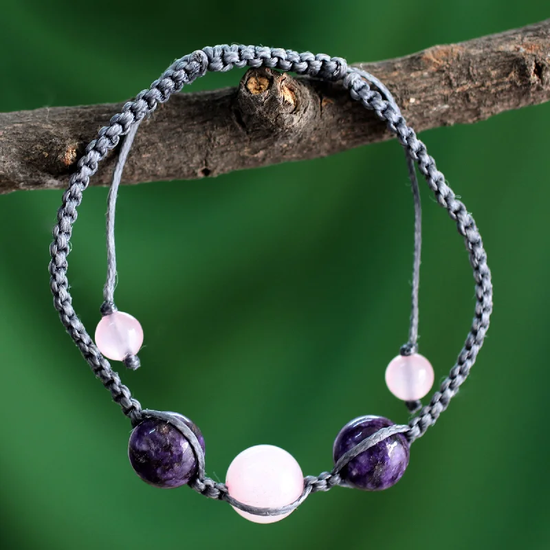 High-end personalized leather bracelets for men-Serene Joy Indian Cotton Cord Charoite and Rose Quartz Bracelet