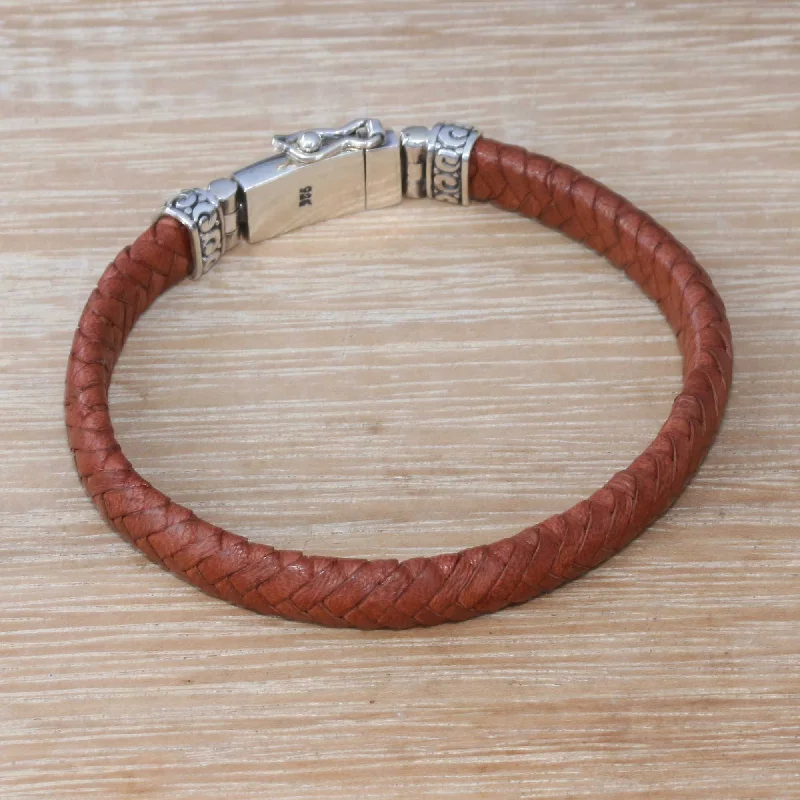 Adjustable stone bracelets for layering-Serene Weave in Brown Brown Leather Wristband Bracelet Crafted in Bali