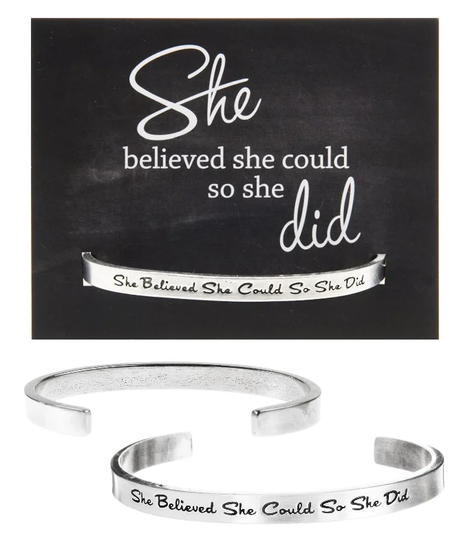 Trendy silver chain bracelets with engraved names-She Believed She Could, So She Did Quotable Cuff Bracelet