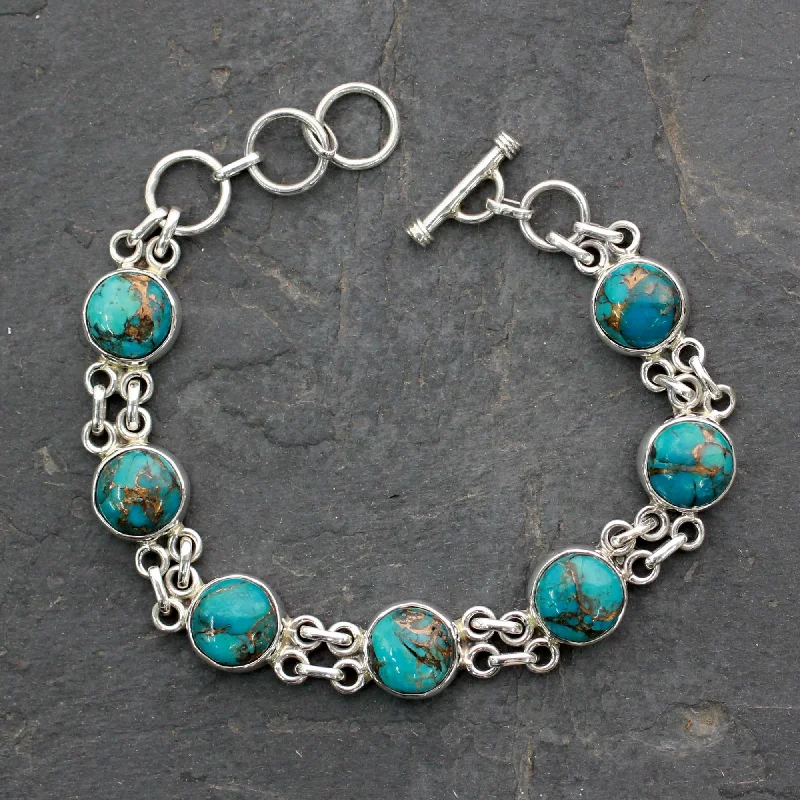 Custom silver tennis bracelets with engraving-Sky Paths Silver and Comp Turquoise Bracelet from India Jewelry