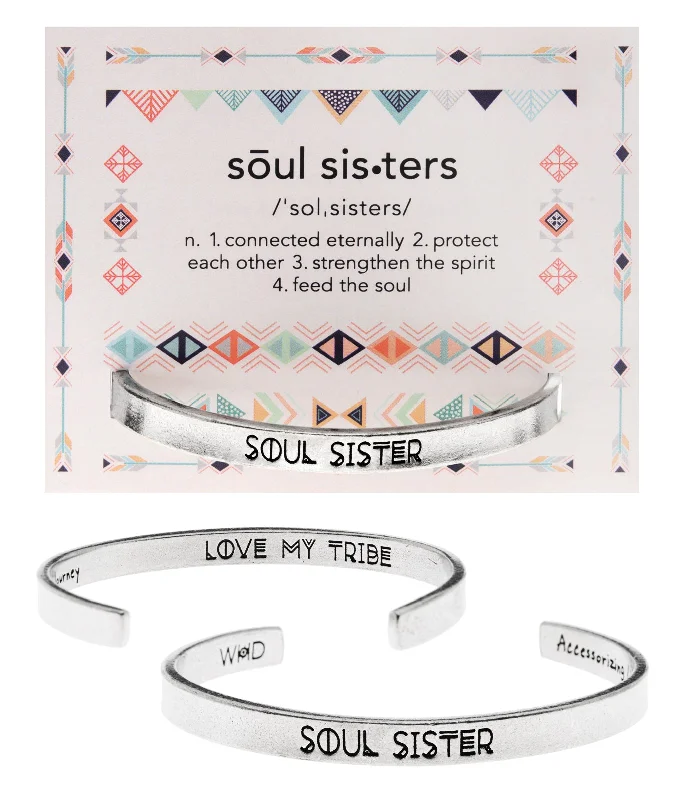 Adjustable gemstone bangle bracelets for wellness-Soul Sister Quotable Cuff Bracelet