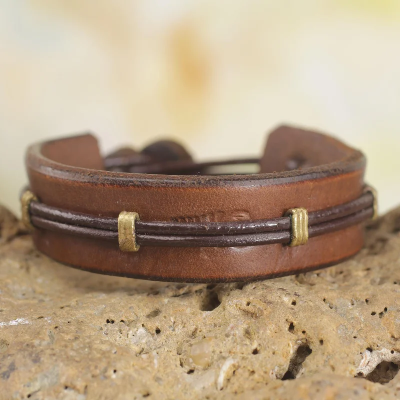 Simple silver charm bangles for special occasions-Stand Alone in Brown Men's Handcrafted Leather Wristband Bracelet