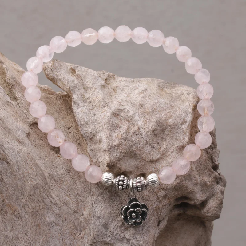 Personalized leather bangle bracelets with birthstones-Still Rose Rose Quartz and Flower Charm Beaded Bracelet from Bali