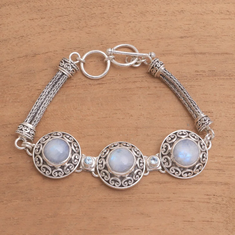 Custom silver bracelets with personalized charms-Temple Roof Rainbow Moonstone and Blue Topaz Pendant Bracelet