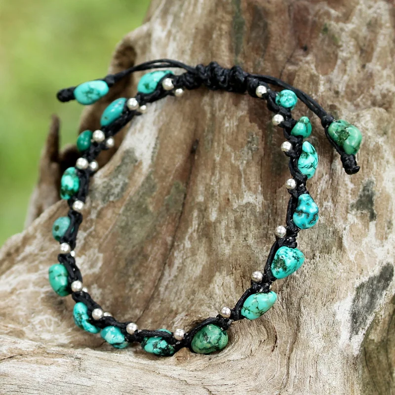 High-end leather bracelets for special occasions-Turquoise Bohemian Thai Jewelry Braided Bracelet Turquoise Color 925 Silver