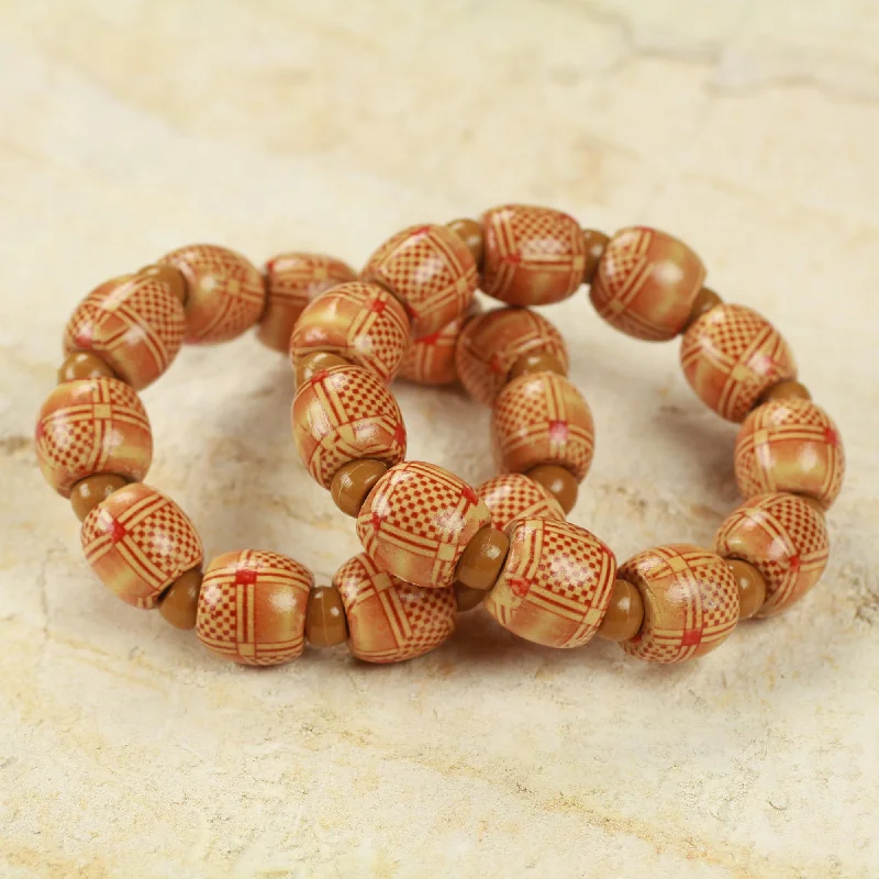 Handcrafted beaded bracelets for weddings-Twice Happy 2 Fair trade African Beaded Wood Stretch Bracelets