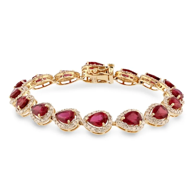 Custom gemstone charm bangles for layering-Vintage 15 3/8ct Pear Shaped Ruby and 3 1/3ct TDW Diamond Halo Tennis Bracelet 14K Yellow Gold by Auriya