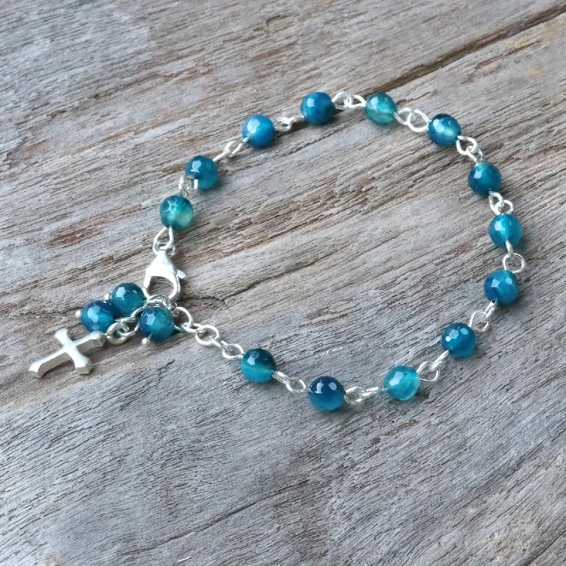 Simple beaded leather bracelets for stacking-Watery Cross Blue Agate and Sterling Silver Cross Bracelet from Thailand