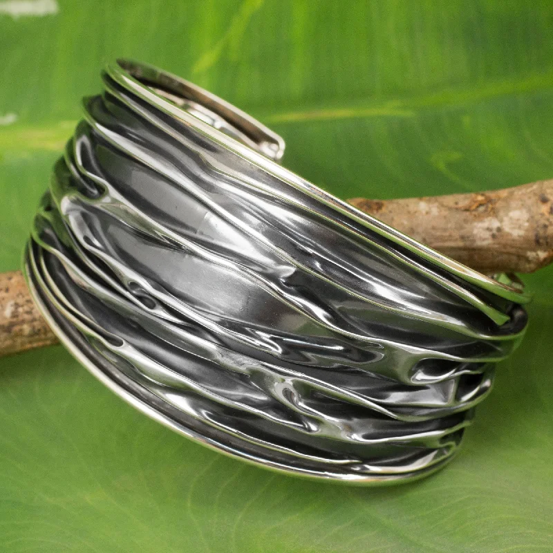 Unique gemstone bracelets with custom designs-Wide River Textured Sterling Silver Cuff Bracelet Crafted by Hand