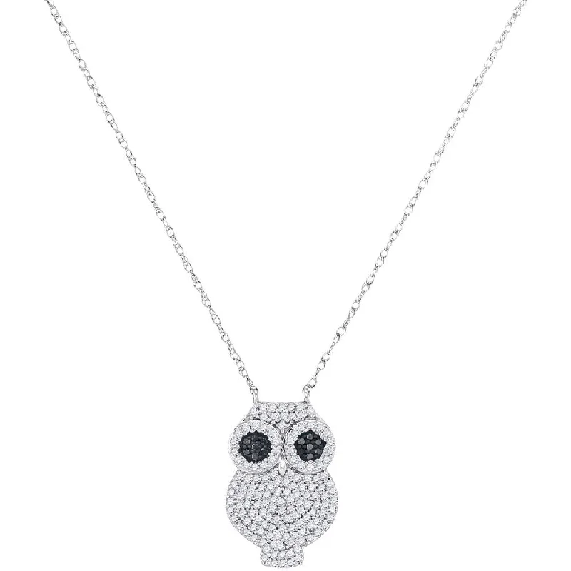 sterling silver cross necklace for personal style-10kt White Gold Womens Round Black Color Enhanced Diamond Owl Animal Necklace 3/8 Cttw